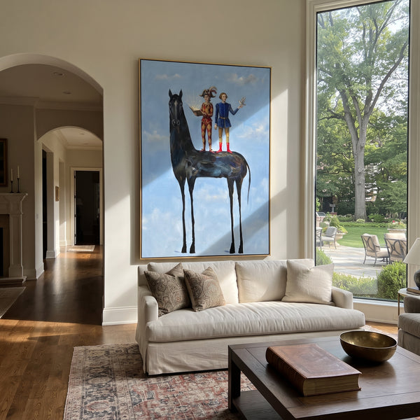 "Gentle Golden Long-Legged Horse" - Modern Heavy Impasto Landscape Artwork | Green & Brown Palette Knife Painting | Luxury Vertical Wall Art #PT 3061