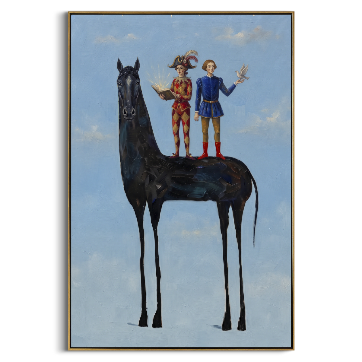 Gentle Golden Long-Legged Horse focuses on a tall horse with performers and flags in a theatrical field. The composition keeps the principal subject clearly separated from the painted field, so the eye can follow the specific gesture, silhouette, garment, fur, petal, ridge, or river visible in this artwork. Its color relationships move between green, brown, and yellow, with lighter passages opening the focal area and deeper strokes giving the forms weight. Palette-knife edges, impasto ridges