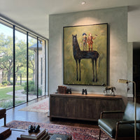 Open Golden Long-Legged Horse focuses on a tall horse with performers and flags in a theatrical field. The composition keeps the principal subject clearly separated from the painted field, so the eye can follow the specific gesture, silhouette, garment, fur, petal, ridge, or river visible in this artwork. Its color relationships move between orange, black, and beige, with lighter passages opening the focal area and deeper strokes giving the forms weight. Palette-knife edges, impasto ridges