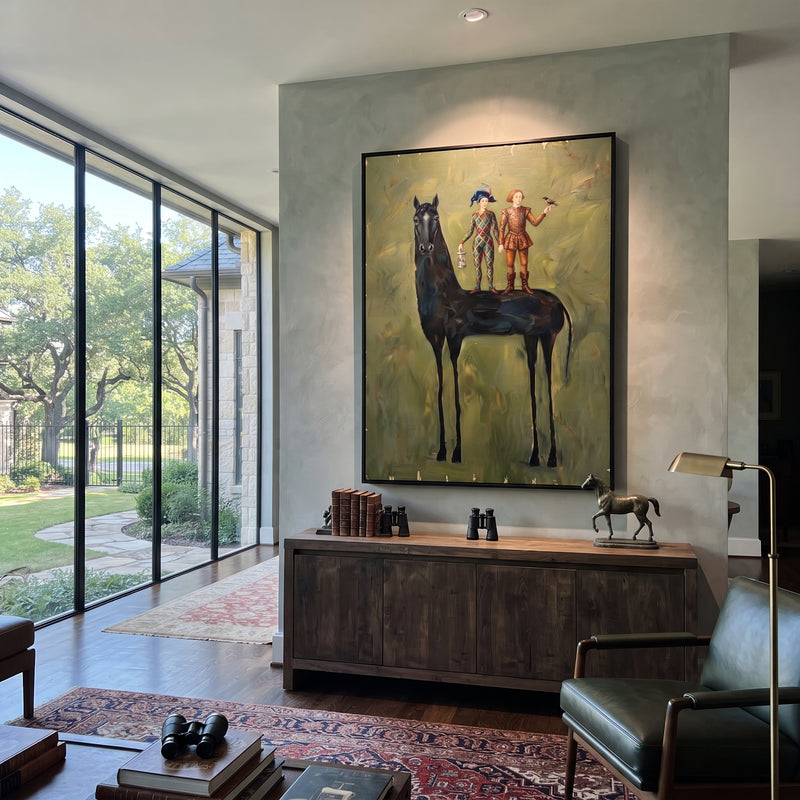"Open Golden Long-Legged Horse" - Modern Heavy Impasto Landscape Artwork | Orange & Black Palette Knife Painting | Luxury Vertical Wall Art #PT 3062