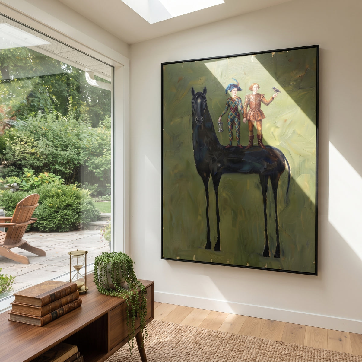 Open Golden Long-Legged Horse focuses on a tall horse with performers and flags in a theatrical field. The composition keeps the principal subject clearly separated from the painted field, so the eye can follow the specific gesture, silhouette, garment, fur, petal, ridge, or river visible in this artwork. Its color relationships move between orange, black, and beige, with lighter passages opening the focal area and deeper strokes giving the forms weight. Palette-knife edges, impasto ridges