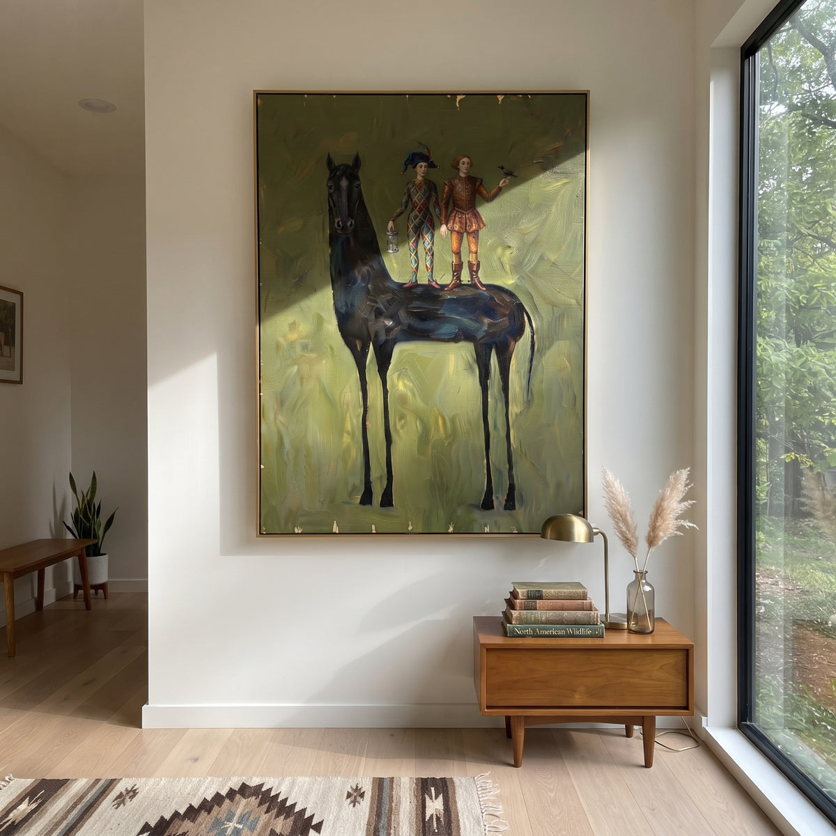 Open Golden Long-Legged Horse focuses on a tall horse with performers and flags in a theatrical field. The composition keeps the principal subject clearly separated from the painted field, so the eye can follow the specific gesture, silhouette, garment, fur, petal, ridge, or river visible in this artwork. Its color relationships move between orange, black, and beige, with lighter passages opening the focal area and deeper strokes giving the forms weight. Palette-knife edges, impasto ridges