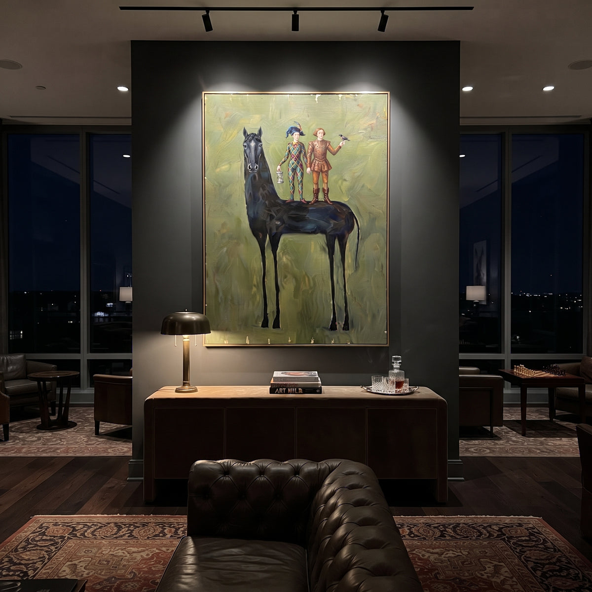 Open Golden Long-Legged Horse focuses on a tall horse with performers and flags in a theatrical field. The composition keeps the principal subject clearly separated from the painted field, so the eye can follow the specific gesture, silhouette, garment, fur, petal, ridge, or river visible in this artwork. Its color relationships move between orange, black, and beige, with lighter passages opening the focal area and deeper strokes giving the forms weight. Palette-knife edges, impasto ridges