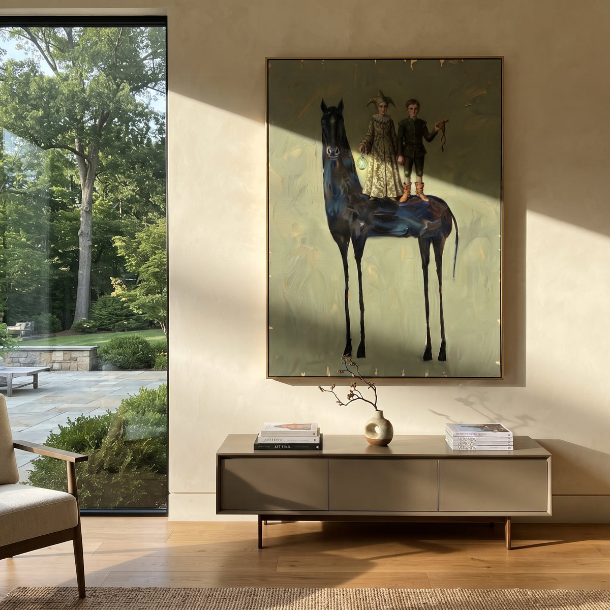 Wandering Golden Long-Legged Horse focuses on a tall horse with performers and flags in a theatrical field. The composition keeps the principal subject clearly separated from the painted field, so the eye can follow the specific gesture, silhouette, garment, fur, petal, ridge, or river visible in this artwork. Its color relationships move between blue, red, and white, with lighter passages opening the focal area and deeper strokes giving the forms weight. Palette-knife edges, impasto ridges