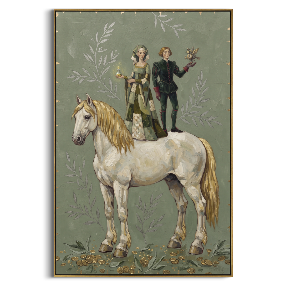 Reflective Golden Long-Legged Horse focuses on a tall horse with performers and flags in a theatrical field. The composition keeps the principal subject clearly separated from the painted field, so the eye can follow the specific gesture, silhouette, garment, fur, petal, ridge, or river visible in this artwork. Its color relationships move between green, grey, and pink, with lighter passages opening the focal area and deeper strokes giving the forms weight. Palette-knife edges, impasto ridges