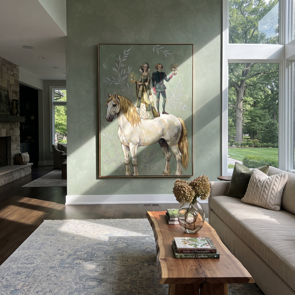 Reflective Golden Long-Legged Horse focuses on a tall horse with performers and flags in a theatrical field. The composition keeps the principal subject clearly separated from the painted field, so the eye can follow the specific gesture, silhouette, garment, fur, petal, ridge, or river visible in this artwork. Its color relationships move between green, grey, and pink, with lighter passages opening the focal area and deeper strokes giving the forms weight. Palette-knife edges, impasto ridges