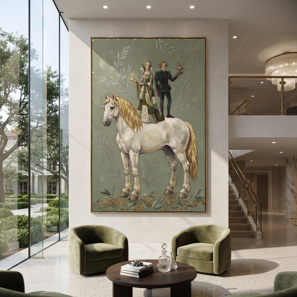 Reflective Golden Long-Legged Horse focuses on a tall horse with performers and flags in a theatrical field. The composition keeps the principal subject clearly separated from the painted field, so the eye can follow the specific gesture, silhouette, garment, fur, petal, ridge, or river visible in this artwork. Its color relationships move between green, grey, and pink, with lighter passages opening the focal area and deeper strokes giving the forms weight. Palette-knife edges, impasto ridges