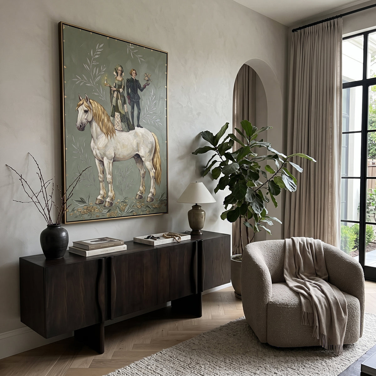 Reflective Golden Long-Legged Horse focuses on a tall horse with performers and flags in a theatrical field. The composition keeps the principal subject clearly separated from the painted field, so the eye can follow the specific gesture, silhouette, garment, fur, petal, ridge, or river visible in this artwork. Its color relationships move between green, grey, and pink, with lighter passages opening the focal area and deeper strokes giving the forms weight. Palette-knife edges, impasto ridges