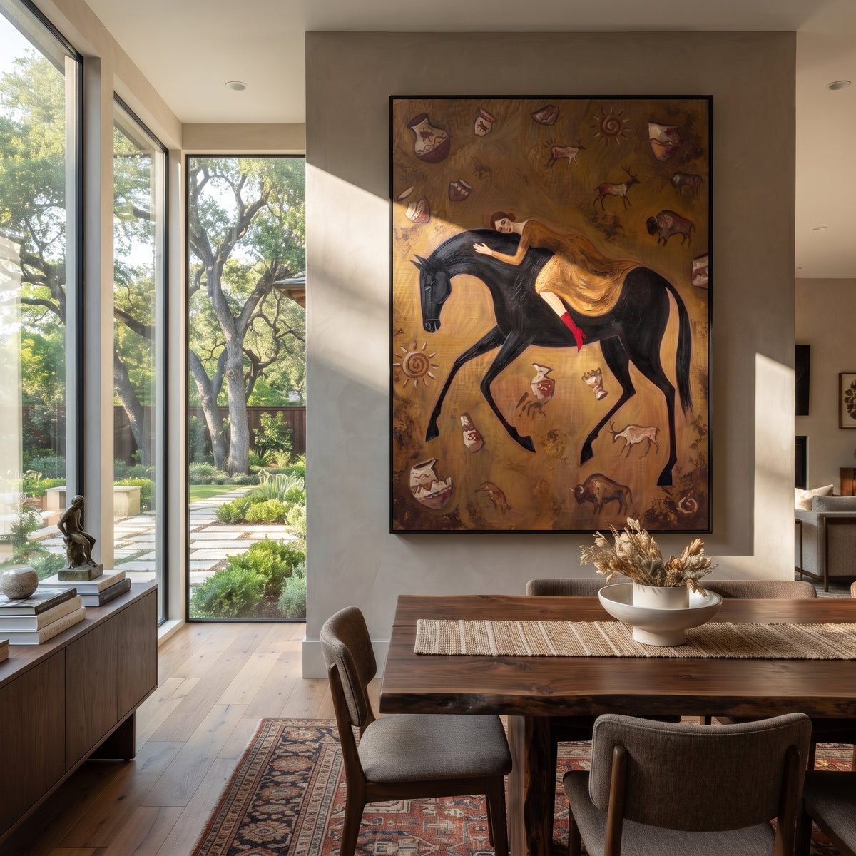 Midnight Golden Woman and Horse focuses on a quiet woman standing on a dark horse in a restrained field. The composition keeps the principal subject clearly separated from the painted field, so the eye can follow the specific gesture, silhouette, garment, fur, petal, ridge, or river visible in this artwork. Its color relationships move between beige, black, and blue, with lighter passages opening the focal area and deeper strokes giving the forms weight. Palette-knife edges, impasto ridges