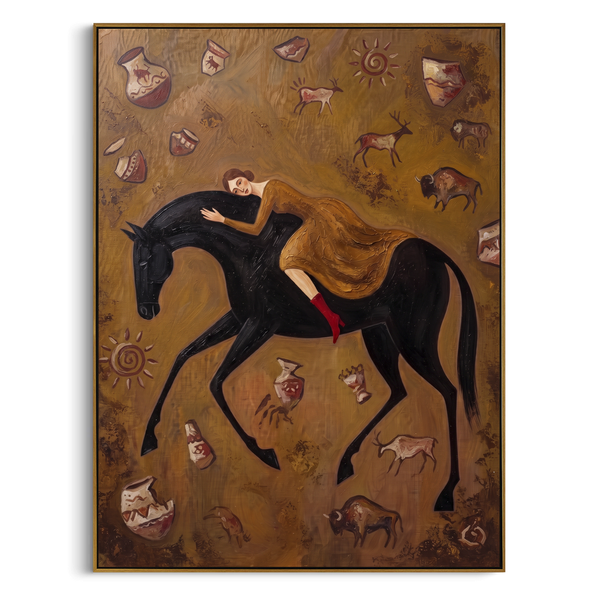 "Midnight Golden Woman and Horse" - Modern Heavy Impasto Landscape Artwork | Beige & Black Palette Knife Painting | Luxury Vertical Wall Art #PT 3065