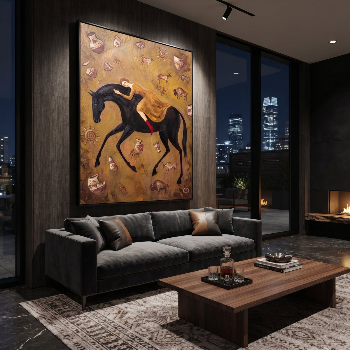 Midnight Golden Woman and Horse focuses on a quiet woman standing on a dark horse in a restrained field. The composition keeps the principal subject clearly separated from the painted field, so the eye can follow the specific gesture, silhouette, garment, fur, petal, ridge, or river visible in this artwork. Its color relationships move between beige, black, and blue, with lighter passages opening the focal area and deeper strokes giving the forms weight. Palette-knife edges, impasto ridges