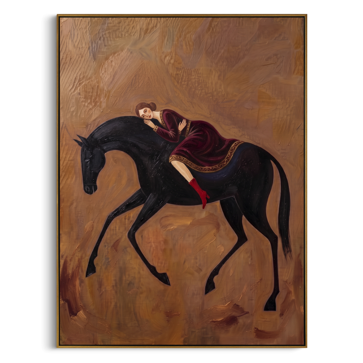 Storybook Golden Woman and Horse focuses on a quiet woman standing on a dark horse in a restrained field. The composition keeps the principal subject clearly separated from the painted field, so the eye can follow the specific gesture, silhouette, garment, fur, petal, ridge, or river visible in this artwork. Its color relationships move between purple, green, and white, with lighter passages opening the focal area and deeper strokes giving the forms weight. Palette-knife edges, impasto ridges