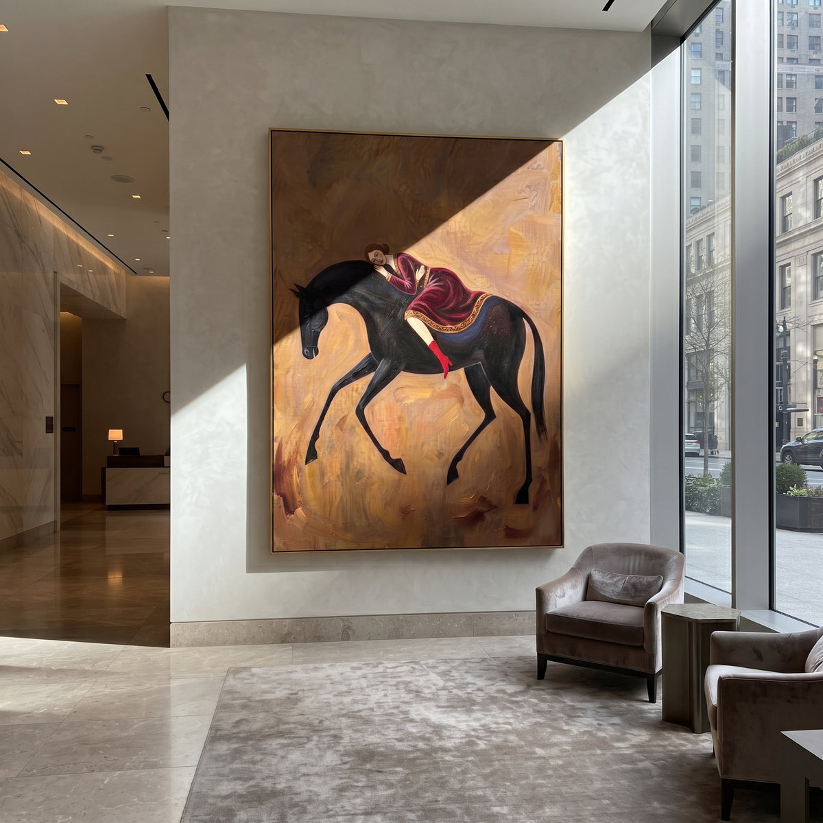 Storybook Golden Woman and Horse focuses on a quiet woman standing on a dark horse in a restrained field. The composition keeps the principal subject clearly separated from the painted field, so the eye can follow the specific gesture, silhouette, garment, fur, petal, ridge, or river visible in this artwork. Its color relationships move between purple, green, and white, with lighter passages opening the focal area and deeper strokes giving the forms weight. Palette-knife edges, impasto ridges