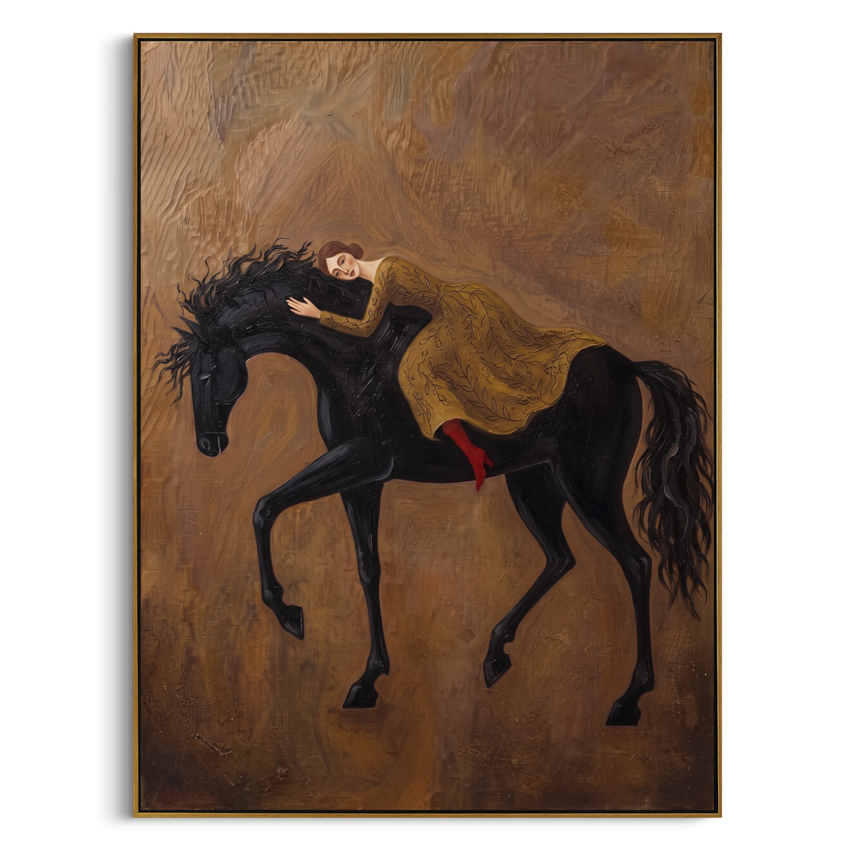 Quiet Soft Woman and Horse focuses on a quiet woman standing on a dark horse in a restrained field. The composition keeps the principal subject clearly separated from the painted field, so the eye can follow the specific gesture, silhouette, garment, fur, petal, ridge, or river visible in this artwork. Its color relationships move between blue, beige, and brown, with lighter passages opening the focal area and deeper strokes giving the forms weight. Palette-knife edges, impasto ridges, broken