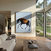 Luminous Soft Woman and Horse focuses on a quiet woman standing on a dark horse in a restrained field. The composition keeps the principal subject clearly separated from the painted field, so the eye can follow the specific gesture, silhouette, garment, fur, petal, ridge, or river visible in this artwork. Its color relationships move between orange, pink, and green, with lighter passages opening the focal area and deeper strokes giving the forms weight. Palette-knife edges, impasto ridges