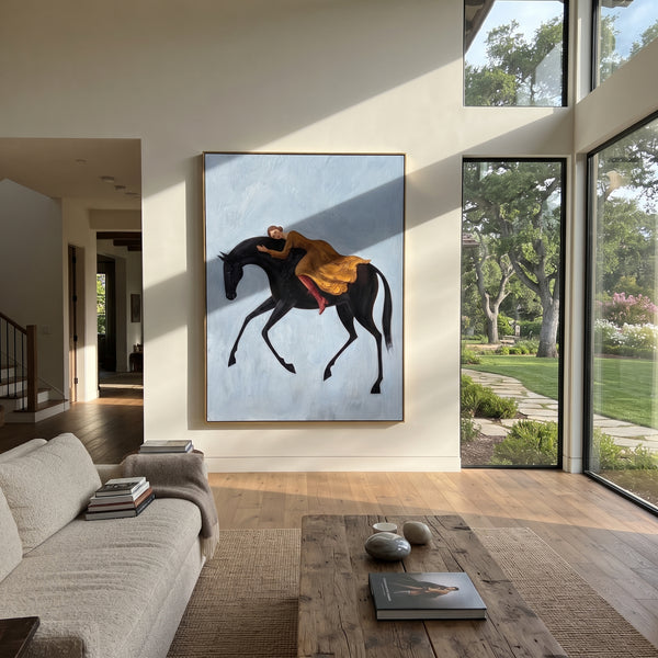 "Luminous Soft Woman and Horse" - Modern Heavy Impasto Landscape Artwork | Orange & Pink Palette Knife Painting | Luxury Vertical Wall Art #PT 3068