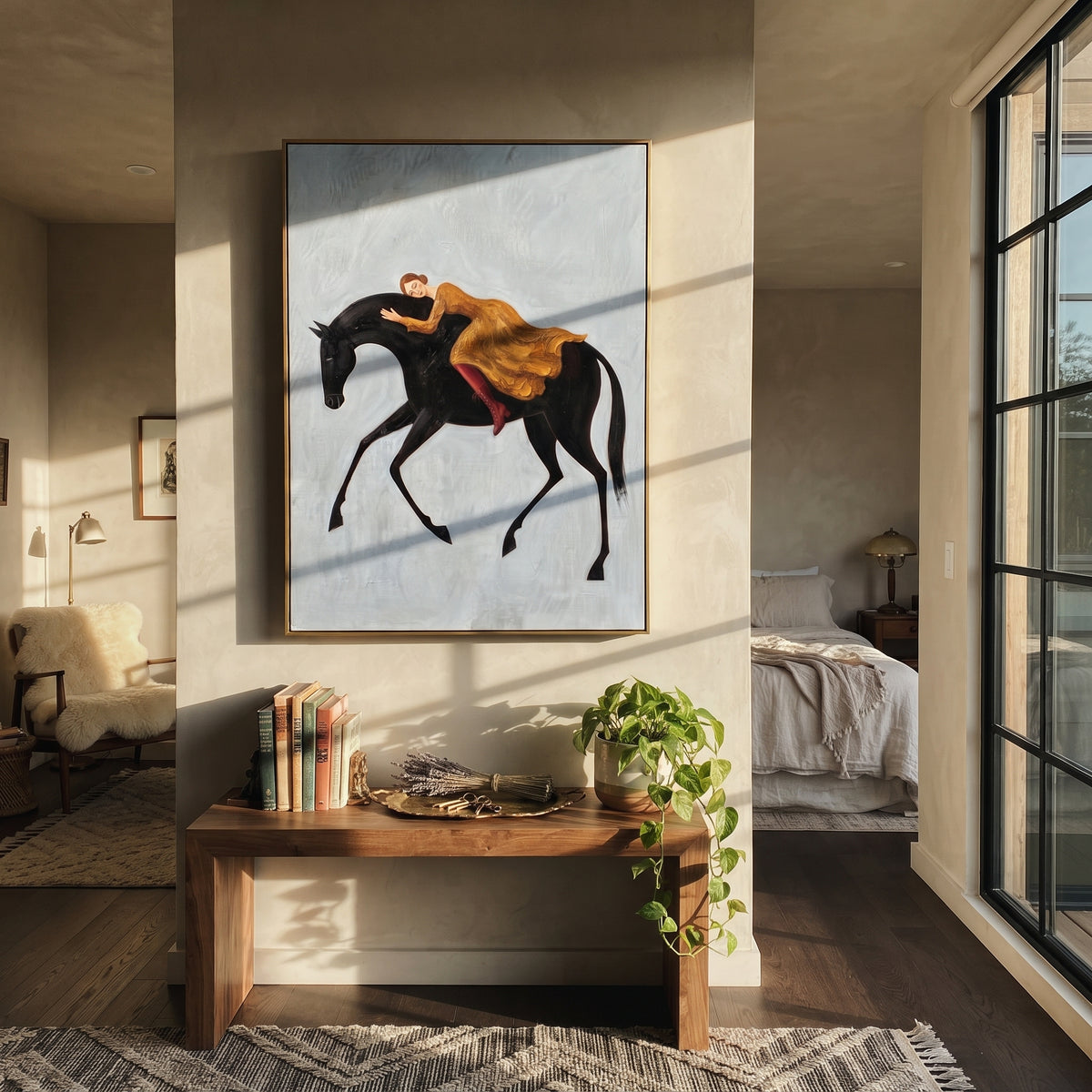 Luminous Soft Woman and Horse focuses on a quiet woman standing on a dark horse in a restrained field. The composition keeps the principal subject clearly separated from the painted field, so the eye can follow the specific gesture, silhouette, garment, fur, petal, ridge, or river visible in this artwork. Its color relationships move between orange, pink, and green, with lighter passages opening the focal area and deeper strokes giving the forms weight. Palette-knife edges, impasto ridges