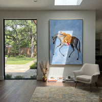 Tender Soft Woman and Horse focuses on a quiet woman standing on a dark horse in a restrained field. The composition keeps the principal subject clearly separated from the painted field, so the eye can follow the specific gesture, silhouette, garment, fur, petal, ridge, or river visible in this artwork. Its color relationships move between green, yellow, and beige, with lighter passages opening the focal area and deeper strokes giving the forms weight. Palette-knife edges, impasto ridges, broken