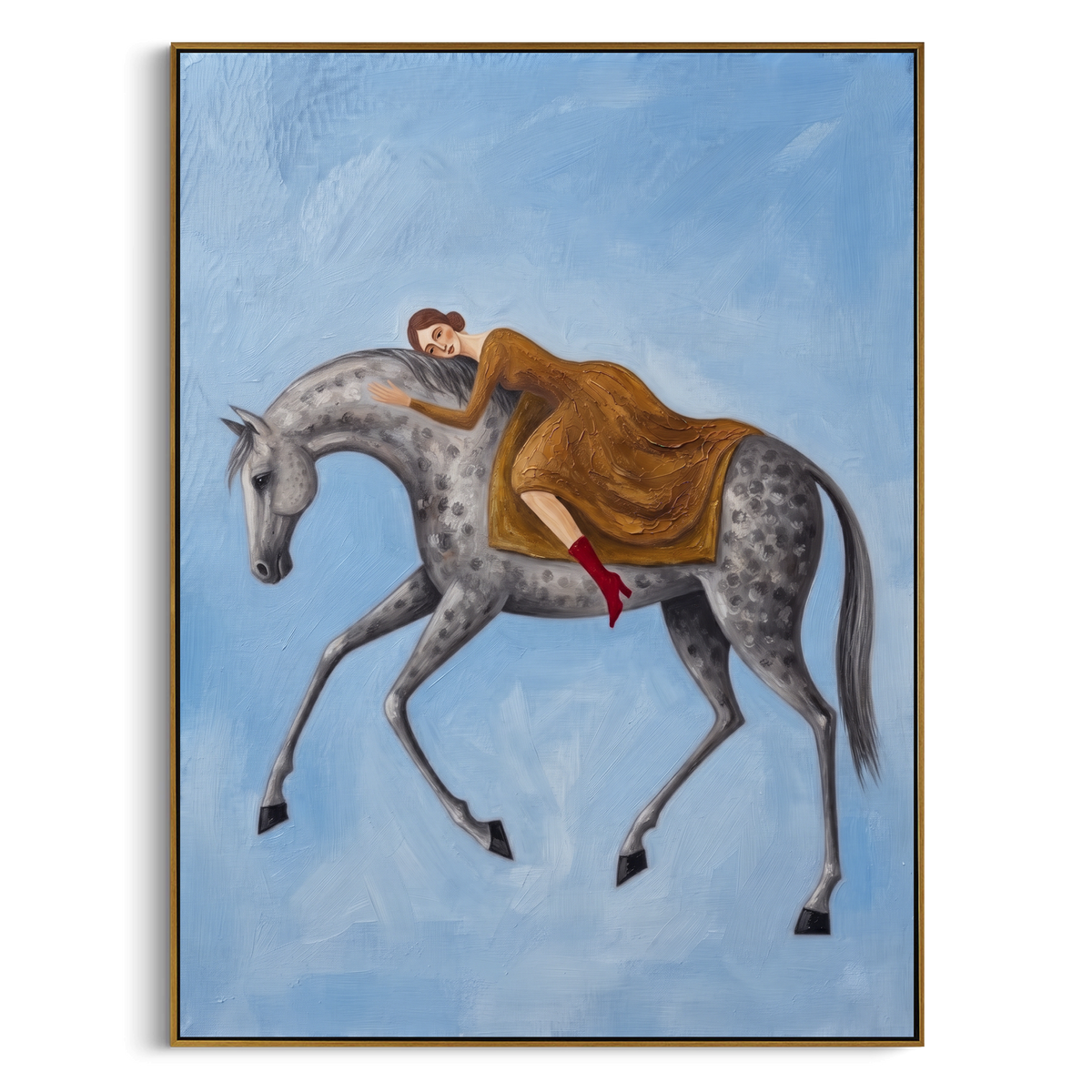 Tender Soft Woman and Horse focuses on a quiet woman standing on a dark horse in a restrained field. The composition keeps the principal subject clearly separated from the painted field, so the eye can follow the specific gesture, silhouette, garment, fur, petal, ridge, or river visible in this artwork. Its color relationships move between green, yellow, and beige, with lighter passages opening the focal area and deeper strokes giving the forms weight. Palette-knife edges, impasto ridges, broken