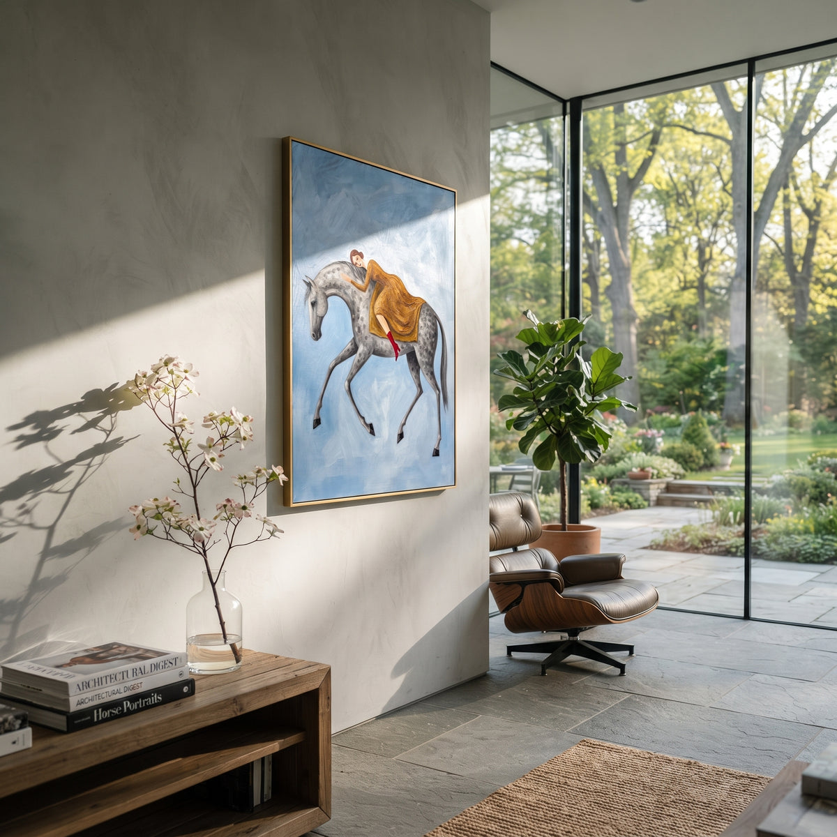 Tender Soft Woman and Horse focuses on a quiet woman standing on a dark horse in a restrained field. The composition keeps the principal subject clearly separated from the painted field, so the eye can follow the specific gesture, silhouette, garment, fur, petal, ridge, or river visible in this artwork. Its color relationships move between green, yellow, and beige, with lighter passages opening the focal area and deeper strokes giving the forms weight. Palette-knife edges, impasto ridges, broken