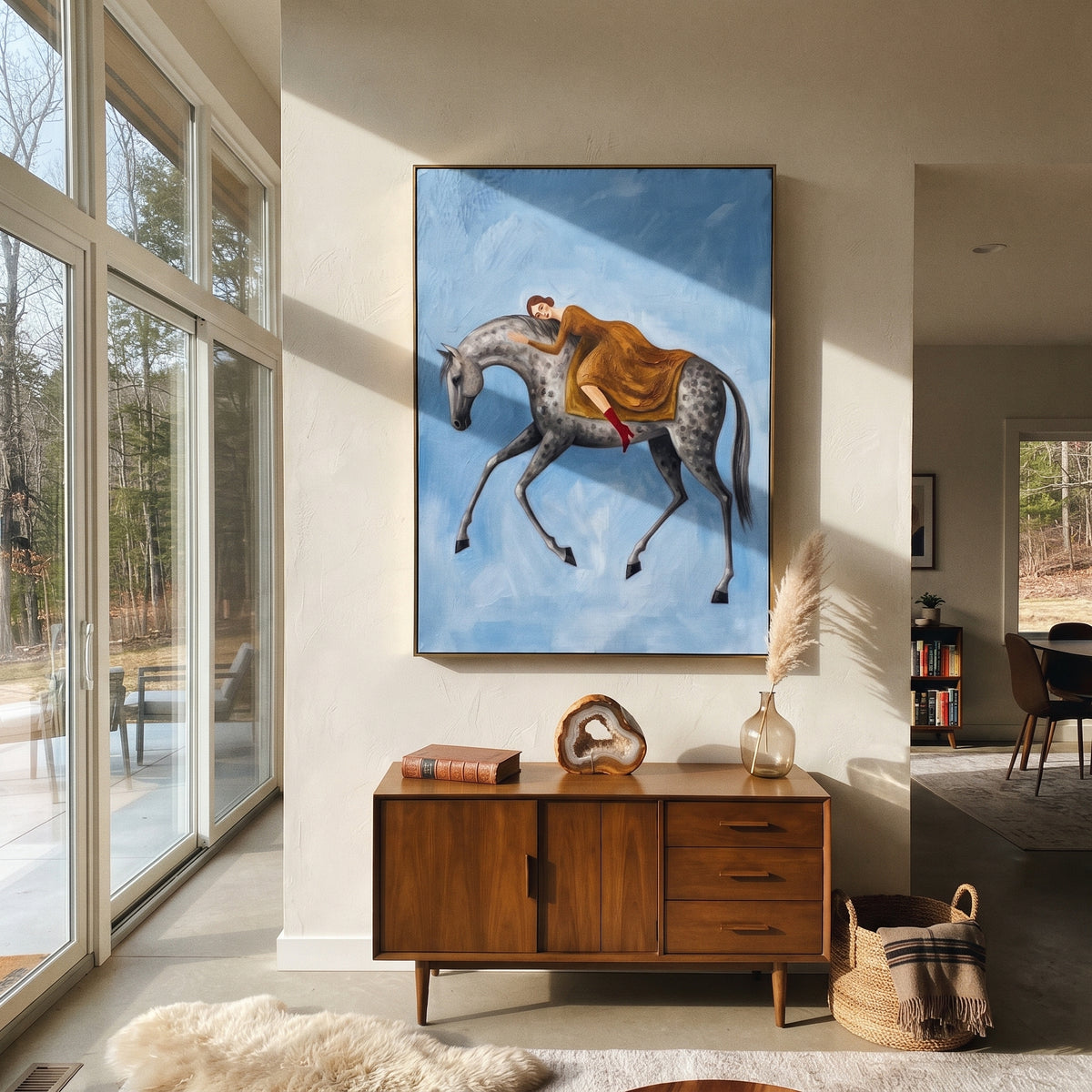 Tender Soft Woman and Horse focuses on a quiet woman standing on a dark horse in a restrained field. The composition keeps the principal subject clearly separated from the painted field, so the eye can follow the specific gesture, silhouette, garment, fur, petal, ridge, or river visible in this artwork. Its color relationships move between green, yellow, and beige, with lighter passages opening the focal area and deeper strokes giving the forms weight. Palette-knife edges, impasto ridges, broken