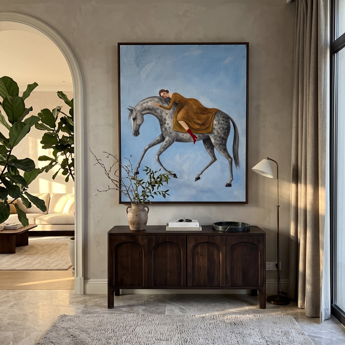 Tender Soft Woman and Horse focuses on a quiet woman standing on a dark horse in a restrained field. The composition keeps the principal subject clearly separated from the painted field, so the eye can follow the specific gesture, silhouette, garment, fur, petal, ridge, or river visible in this artwork. Its color relationships move between green, yellow, and beige, with lighter passages opening the focal area and deeper strokes giving the forms weight. Palette-knife edges, impasto ridges, broken