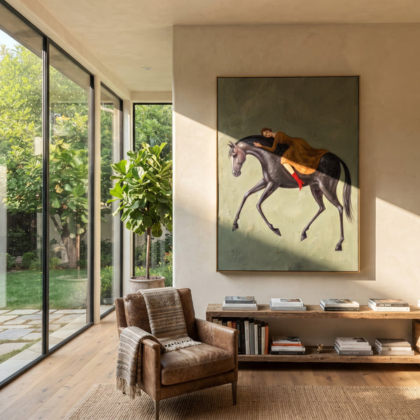 "Mossy Soft Woman and Horse" - Modern Heavy Impasto Landscape Artwork | Green & Brown Palette Knife Painting | Luxury Vertical Wall Art #PT 3071
