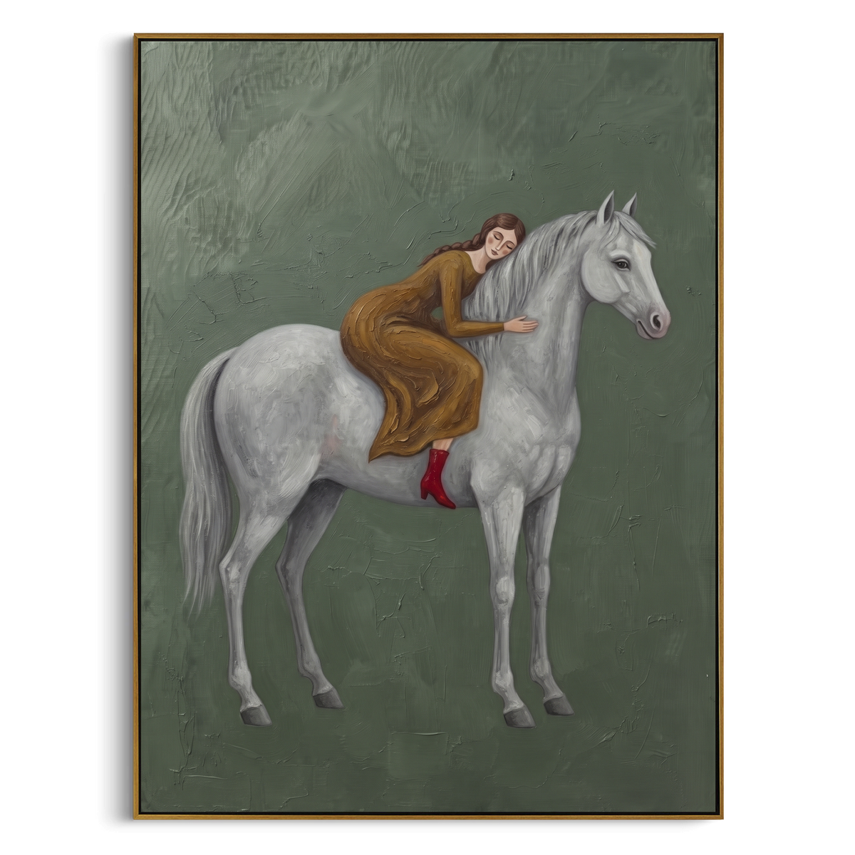 "Golden Soft Woman and Horse" - Modern Heavy Impasto Landscape Artwork | Orange & Black Palette Knife Painting | Luxury Vertical Wall Art #PT 3072