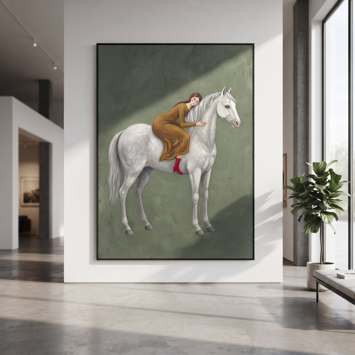 Golden Soft Woman and Horse focuses on a quiet woman standing on a dark horse in a restrained field. The composition keeps the principal subject clearly separated from the painted field, so the eye can follow the specific gesture, silhouette, garment, fur, petal, ridge, or river visible in this artwork. Its color relationships move between orange, black, and beige, with lighter passages opening the focal area and deeper strokes giving the forms weight. Palette-knife edges, impasto ridges, broken