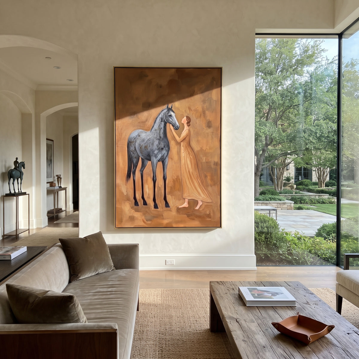 Soft Soft Woman and Horse focuses on a quiet woman standing on a dark horse in a restrained field. The composition keeps the principal subject clearly separated from the painted field, so the eye can follow the specific gesture, silhouette, garment, fur, petal, ridge, or river visible in this artwork. Its color relationships move between blue, red, and white, with lighter passages opening the focal area and deeper strokes giving the forms weight. Palette-knife edges, impasto ridges, broken brush