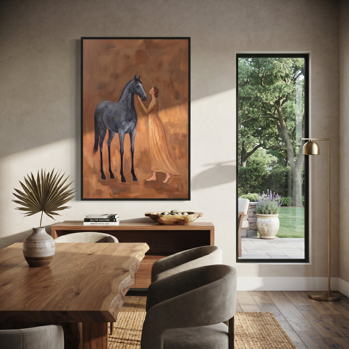 Soft Soft Woman and Horse focuses on a quiet woman standing on a dark horse in a restrained field. The composition keeps the principal subject clearly separated from the painted field, so the eye can follow the specific gesture, silhouette, garment, fur, petal, ridge, or river visible in this artwork. Its color relationships move between blue, red, and white, with lighter passages opening the focal area and deeper strokes giving the forms weight. Palette-knife edges, impasto ridges, broken brush