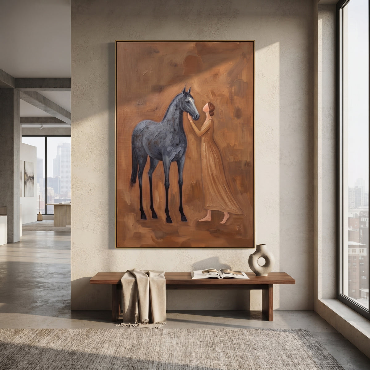Soft Soft Woman and Horse focuses on a quiet woman standing on a dark horse in a restrained field. The composition keeps the principal subject clearly separated from the painted field, so the eye can follow the specific gesture, silhouette, garment, fur, petal, ridge, or river visible in this artwork. Its color relationships move between blue, red, and white, with lighter passages opening the focal area and deeper strokes giving the forms weight. Palette-knife edges, impasto ridges, broken brush