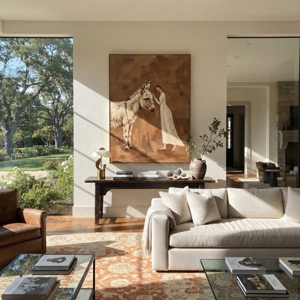 "Restful Soft Woman and Horse" - Modern Heavy Impasto Landscape Artwork | Green & Grey Palette Knife Painting | Luxury Vertical Wall Art #PT 3074