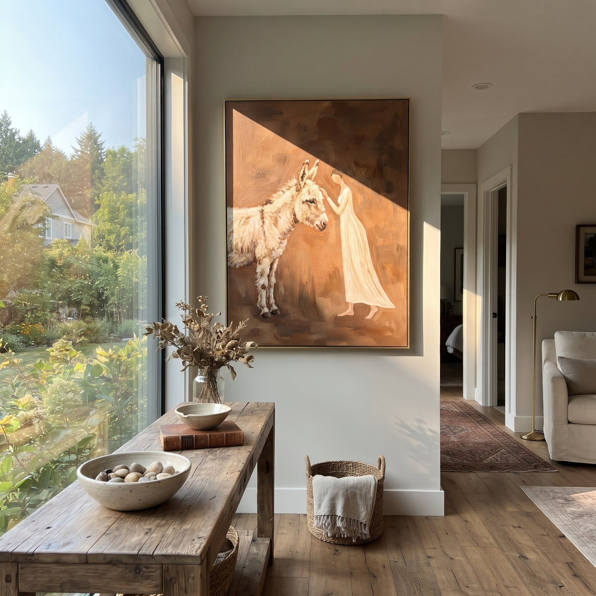 Restful Soft Woman and Horse focuses on a quiet woman standing on a dark horse in a restrained field. The composition keeps the principal subject clearly separated from the painted field, so the eye can follow the specific gesture, silhouette, garment, fur, petal, ridge, or river visible in this artwork. Its color relationships move between green, grey, and pink, with lighter passages opening the focal area and deeper strokes giving the forms weight. Palette-knife edges, impasto ridges, broken
