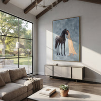 Playful Soft Woman and Horse focuses on a quiet woman standing on a dark horse in a restrained field. The composition keeps the principal subject clearly separated from the painted field, so the eye can follow the specific gesture, silhouette, garment, fur, petal, ridge, or river visible in this artwork. Its color relationships move between beige, black, and blue, with lighter passages opening the focal area and deeper strokes giving the forms weight. Palette-knife edges, impasto ridges, broken