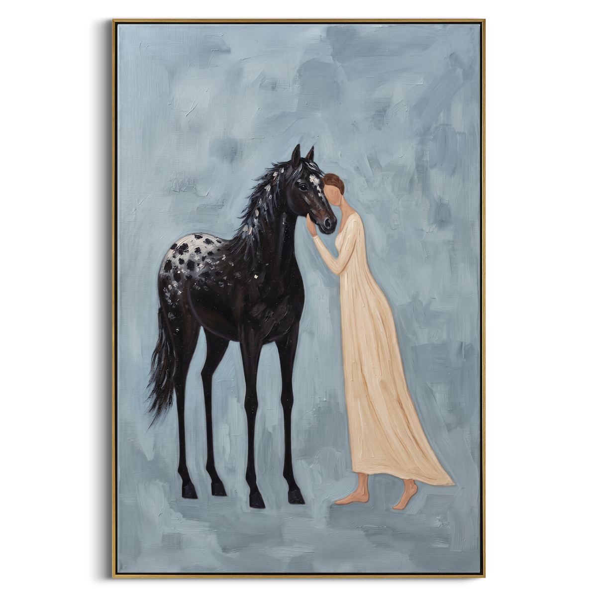 "Playful Soft Woman and Horse" - Modern Heavy Impasto Landscape Artwork | Beige & Black Palette Knife Painting | Luxury Vertical Wall Art #PT 3075