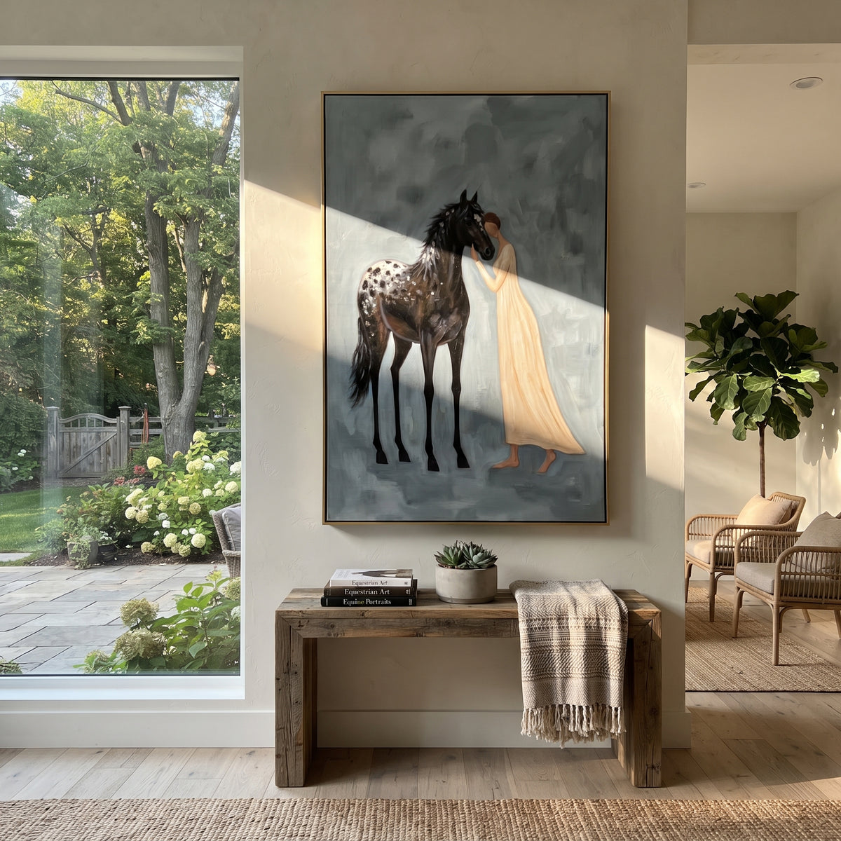 Playful Soft Woman and Horse focuses on a quiet woman standing on a dark horse in a restrained field. The composition keeps the principal subject clearly separated from the painted field, so the eye can follow the specific gesture, silhouette, garment, fur, petal, ridge, or river visible in this artwork. Its color relationships move between beige, black, and blue, with lighter passages opening the focal area and deeper strokes giving the forms weight. Palette-knife edges, impasto ridges, broken