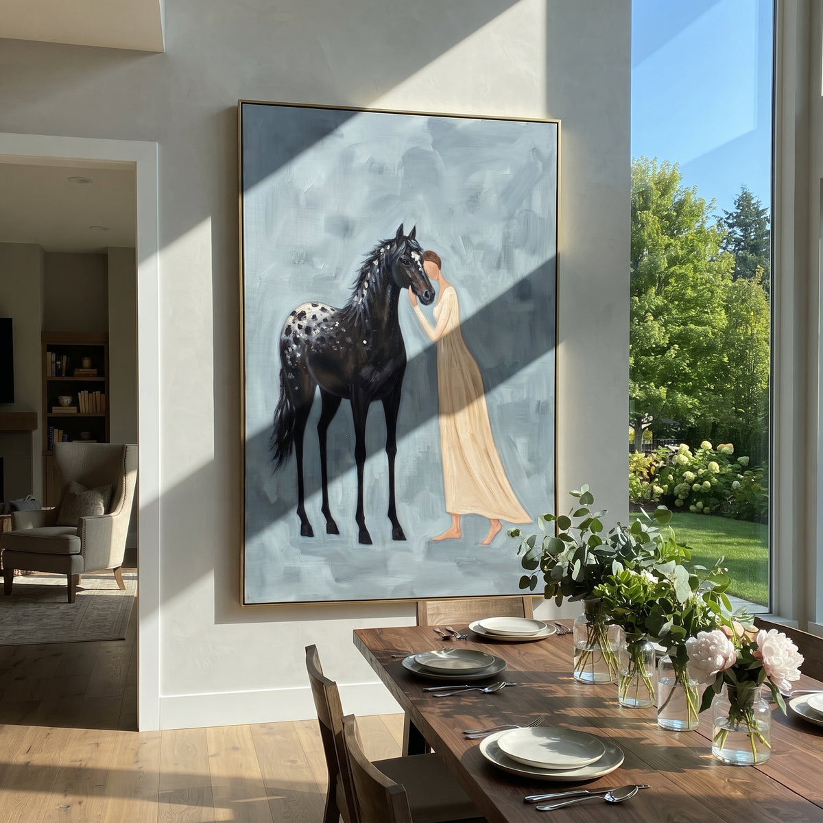 Playful Soft Woman and Horse focuses on a quiet woman standing on a dark horse in a restrained field. The composition keeps the principal subject clearly separated from the painted field, so the eye can follow the specific gesture, silhouette, garment, fur, petal, ridge, or river visible in this artwork. Its color relationships move between beige, black, and blue, with lighter passages opening the focal area and deeper strokes giving the forms weight. Palette-knife edges, impasto ridges, broken