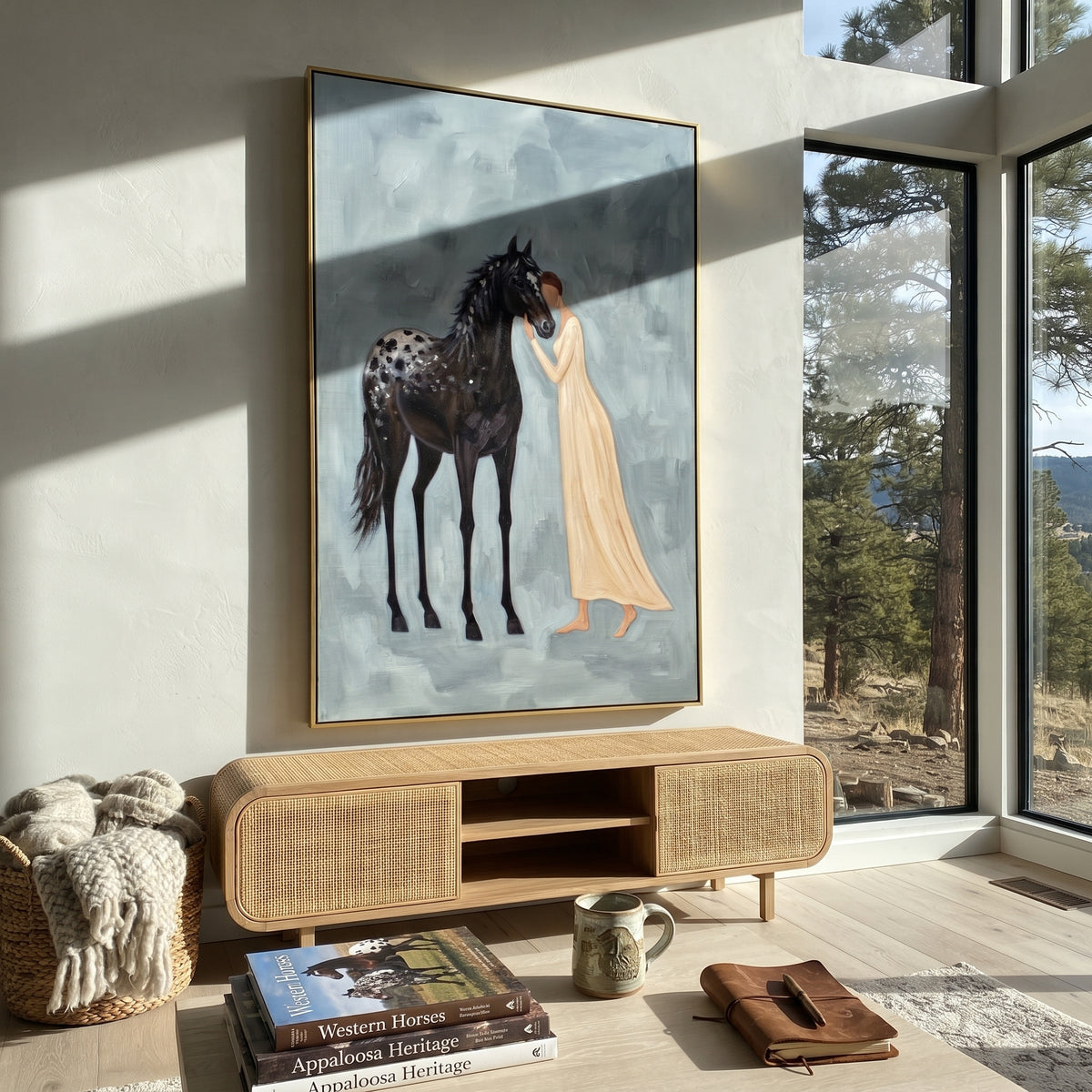 Playful Soft Woman and Horse focuses on a quiet woman standing on a dark horse in a restrained field. The composition keeps the principal subject clearly separated from the painted field, so the eye can follow the specific gesture, silhouette, garment, fur, petal, ridge, or river visible in this artwork. Its color relationships move between beige, black, and blue, with lighter passages opening the focal area and deeper strokes giving the forms weight. Palette-knife edges, impasto ridges, broken
