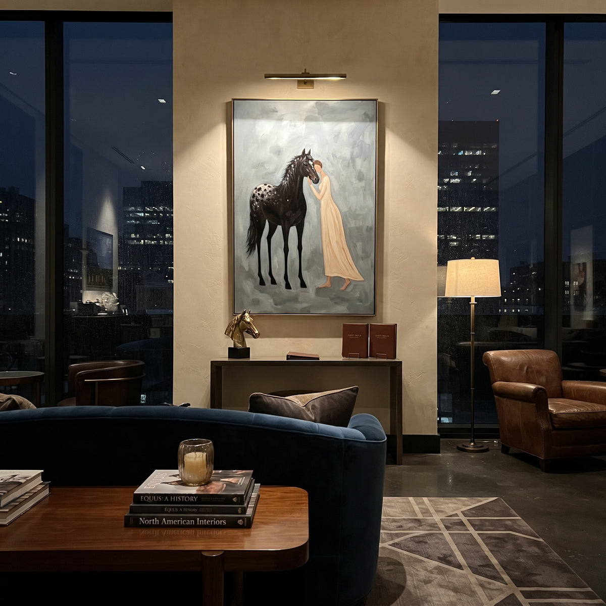Playful Soft Woman and Horse focuses on a quiet woman standing on a dark horse in a restrained field. The composition keeps the principal subject clearly separated from the painted field, so the eye can follow the specific gesture, silhouette, garment, fur, petal, ridge, or river visible in this artwork. Its color relationships move between beige, black, and blue, with lighter passages opening the focal area and deeper strokes giving the forms weight. Palette-knife edges, impasto ridges, broken