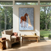 Distant Soft Woman and Horse focuses on a quiet woman standing on a dark horse in a restrained field. The composition keeps the principal subject clearly separated from the painted field, so the eye can follow the specific gesture, silhouette, garment, fur, petal, ridge, or river visible in this artwork. Its color relationships move between purple, green, and white, with lighter passages opening the focal area and deeper strokes giving the forms weight. Palette-knife edges, impasto ridges