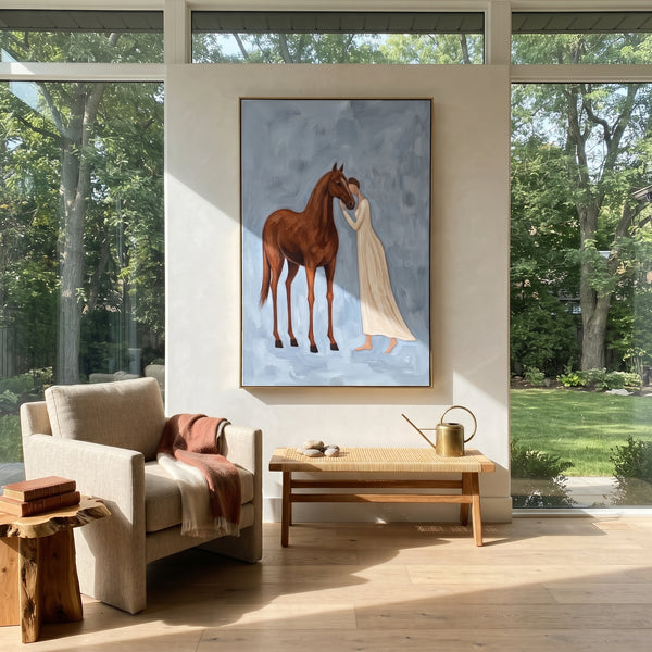 "Distant Soft Woman and Horse" - Modern Heavy Impasto Landscape Artwork | Purple & Green Palette Knife Painting | Luxury Vertical Wall Art #PT 3076