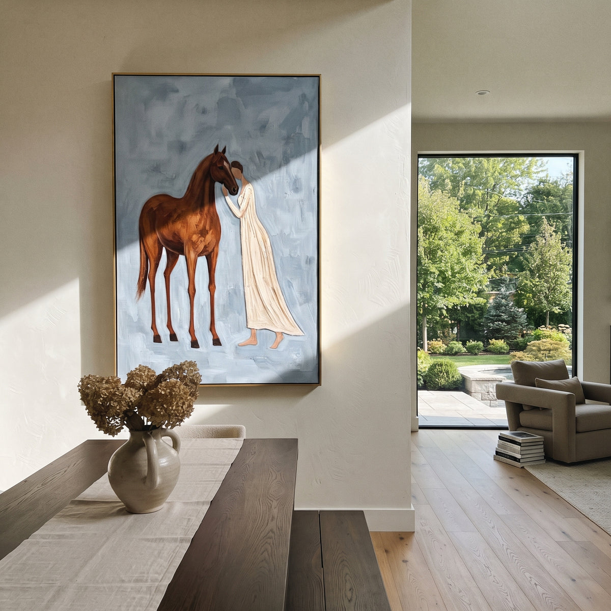 Distant Soft Woman and Horse focuses on a quiet woman standing on a dark horse in a restrained field. The composition keeps the principal subject clearly separated from the painted field, so the eye can follow the specific gesture, silhouette, garment, fur, petal, ridge, or river visible in this artwork. Its color relationships move between purple, green, and white, with lighter passages opening the focal area and deeper strokes giving the forms weight. Palette-knife edges, impasto ridges