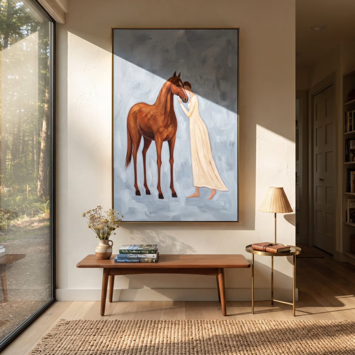 Distant Soft Woman and Horse focuses on a quiet woman standing on a dark horse in a restrained field. The composition keeps the principal subject clearly separated from the painted field, so the eye can follow the specific gesture, silhouette, garment, fur, petal, ridge, or river visible in this artwork. Its color relationships move between purple, green, and white, with lighter passages opening the focal area and deeper strokes giving the forms weight. Palette-knife edges, impasto ridges