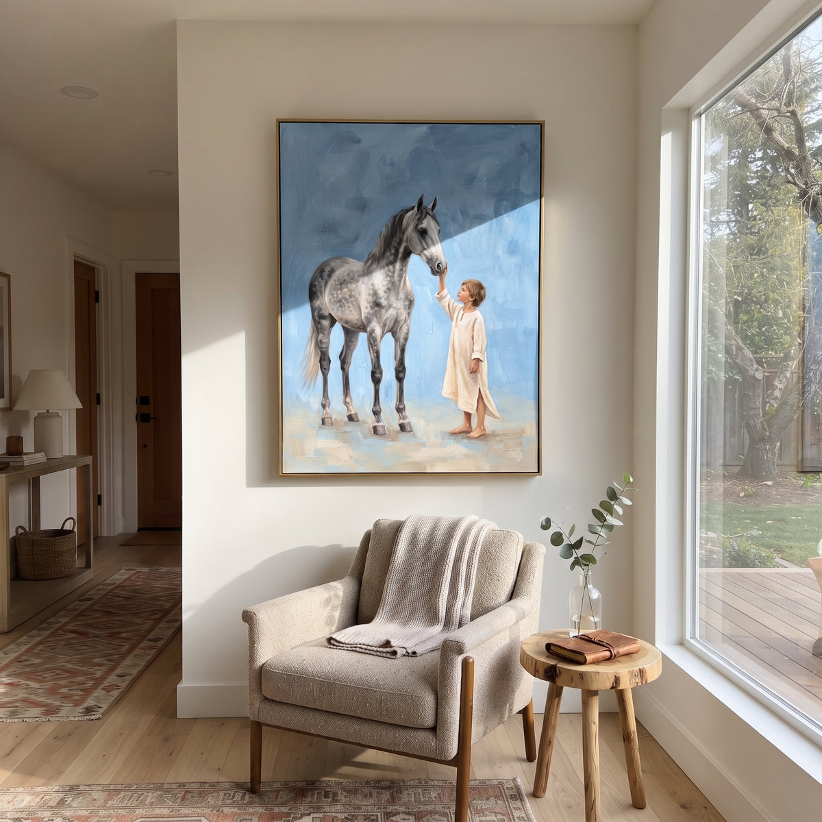 Gathered Soft Woman and Horse focuses on a quiet woman standing on a dark horse in a restrained field. The composition keeps the principal subject clearly separated from the painted field, so the eye can follow the specific gesture, silhouette, garment, fur, petal, ridge, or river visible in this artwork. Its color relationships move between blue, beige, and brown, with lighter passages opening the focal area and deeper strokes giving the forms weight. Palette-knife edges, impasto ridges, broken