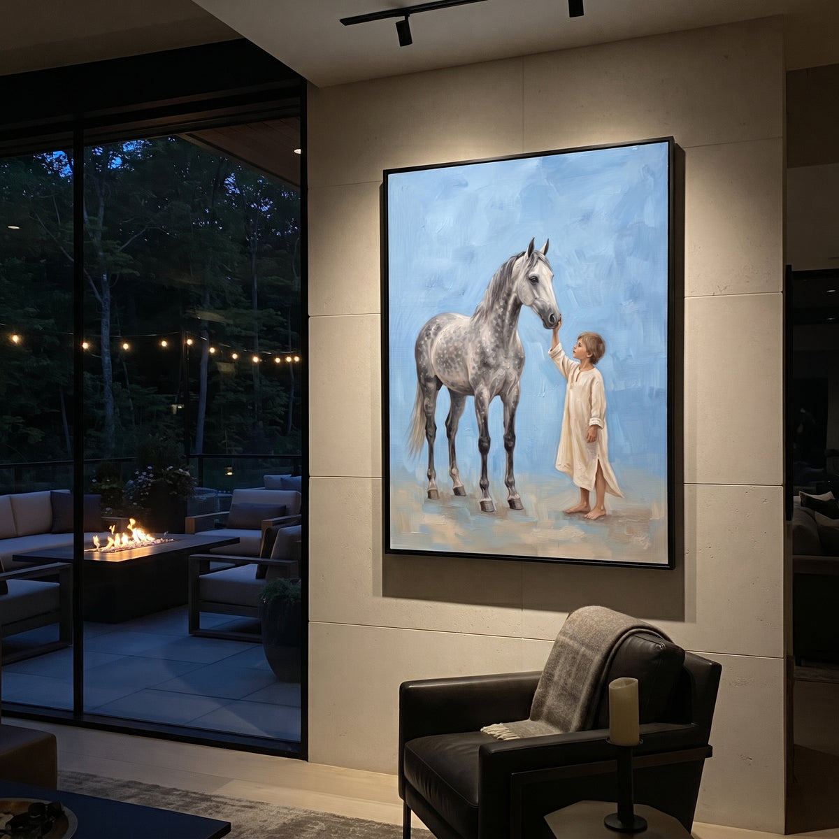 Gathered Soft Woman and Horse focuses on a quiet woman standing on a dark horse in a restrained field. The composition keeps the principal subject clearly separated from the painted field, so the eye can follow the specific gesture, silhouette, garment, fur, petal, ridge, or river visible in this artwork. Its color relationships move between blue, beige, and brown, with lighter passages opening the focal area and deeper strokes giving the forms weight. Palette-knife edges, impasto ridges, broken