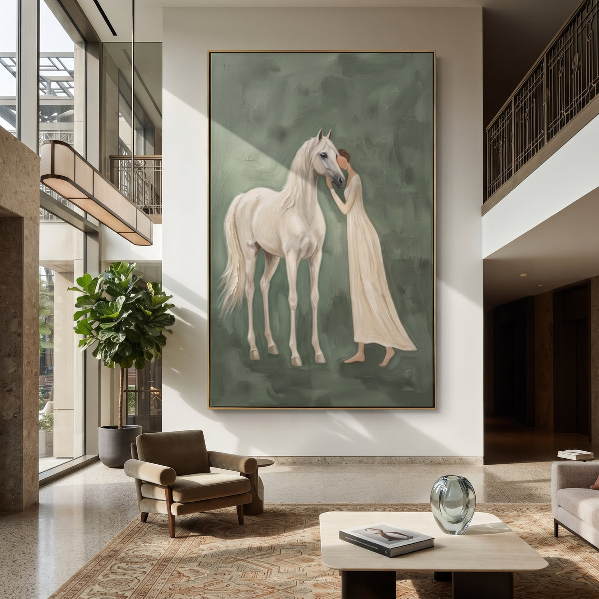 River Soft Woman and Horse focuses on a quiet woman standing on a dark horse in a restrained field. The composition keeps the principal subject clearly separated from the painted field, so the eye can follow the specific gesture, silhouette, garment, fur, petal, ridge, or river visible in this artwork. Its color relationships move between orange, pink, and green, with lighter passages opening the focal area and deeper strokes giving the forms weight. Palette-knife edges, impasto ridges, broken