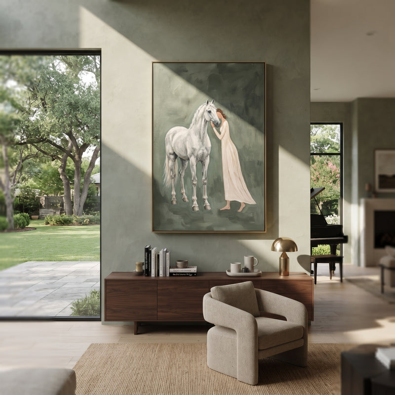 "Still Soft Woman and Horse" - Modern Heavy Impasto Landscape Artwork | Blue & Grey Palette Knife Painting | Luxury Vertical Wall Art #PT 3080
