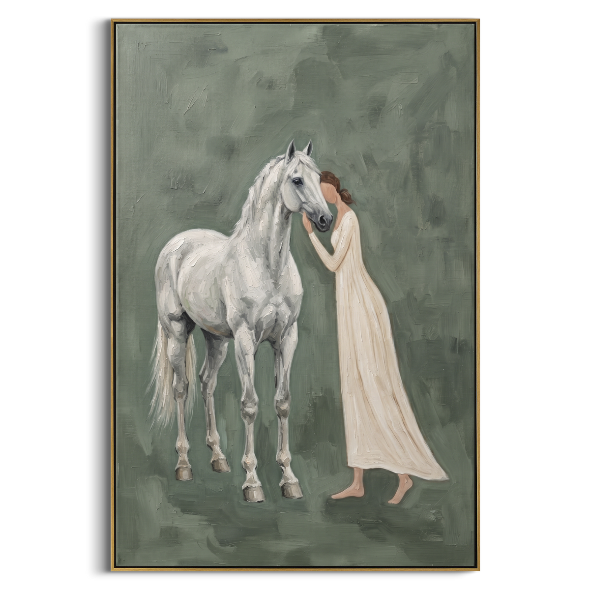 Still Soft Woman and Horse focuses on a quiet woman standing on a dark horse in a restrained field. The composition keeps the principal subject clearly separated from the painted field, so the eye can follow the specific gesture, silhouette, garment, fur, petal, ridge, or river visible in this artwork. Its color relationships move between blue, grey, and white, with lighter passages opening the focal area and deeper strokes giving the forms weight. Palette-knife edges, impasto ridges, broken