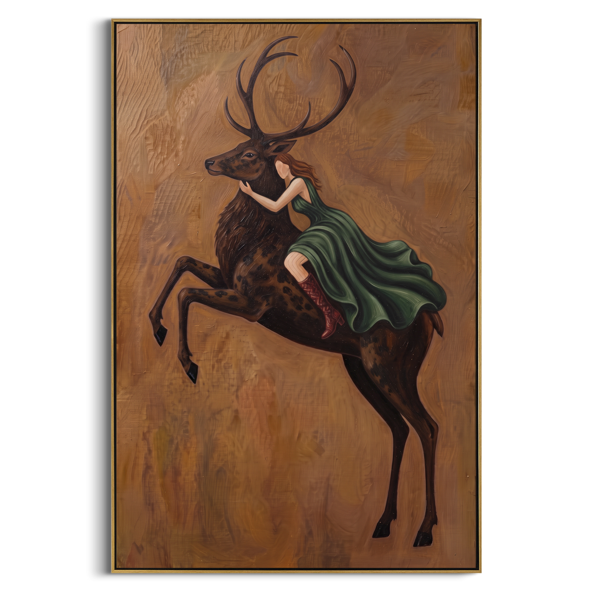 Gentle Soft Woman and Horse focuses on a quiet woman standing on a dark horse in a restrained field. The composition keeps the principal subject clearly separated from the painted field, so the eye can follow the specific gesture, silhouette, garment, fur, petal, ridge, or river visible in this artwork. Its color relationships move between green, brown, and yellow, with lighter passages opening the focal area and deeper strokes giving the forms weight. Palette-knife edges, impasto ridges, broken